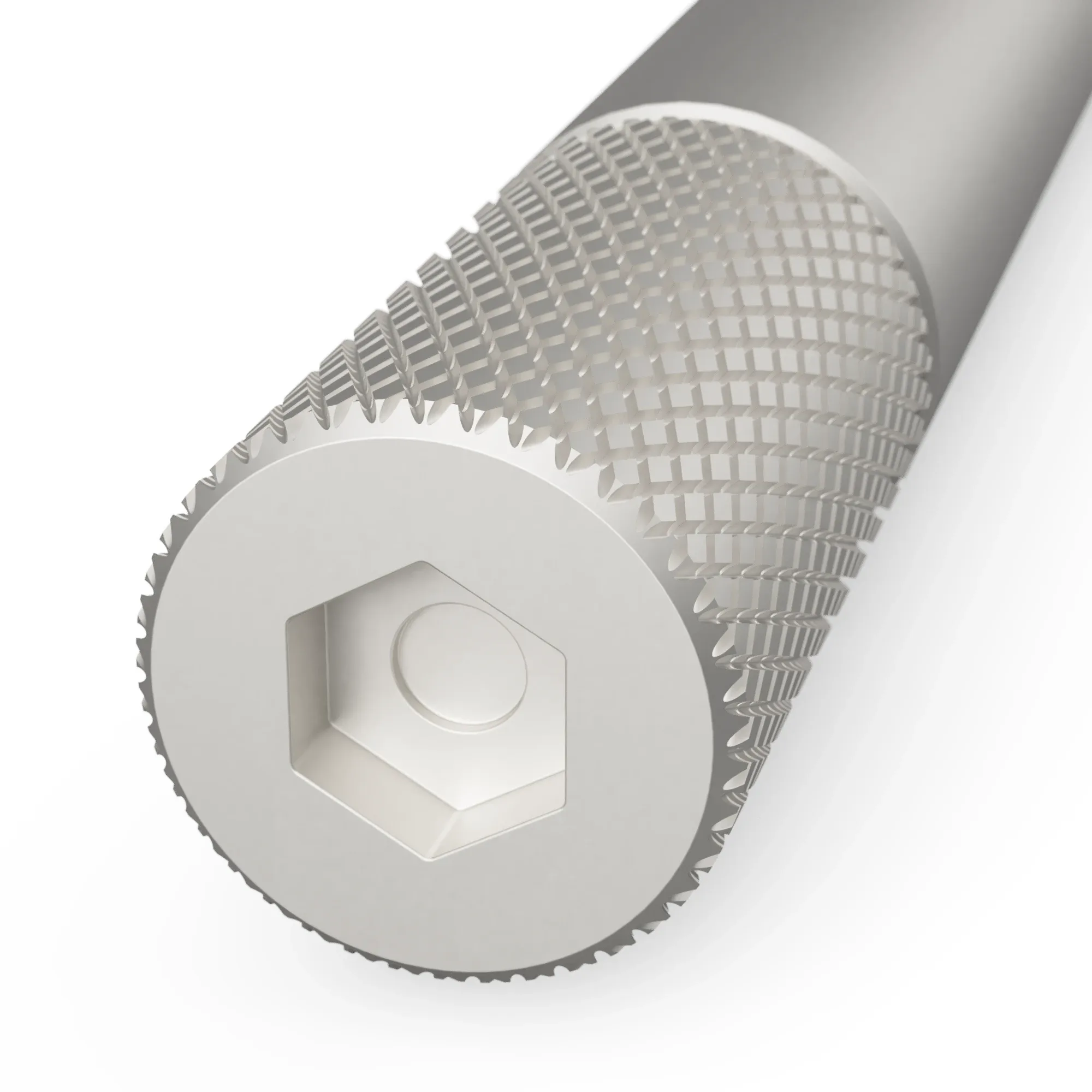 Detailansicht des gerändelten Metallgriffs eines Skalpells mit hexagonaler Aufnahme
