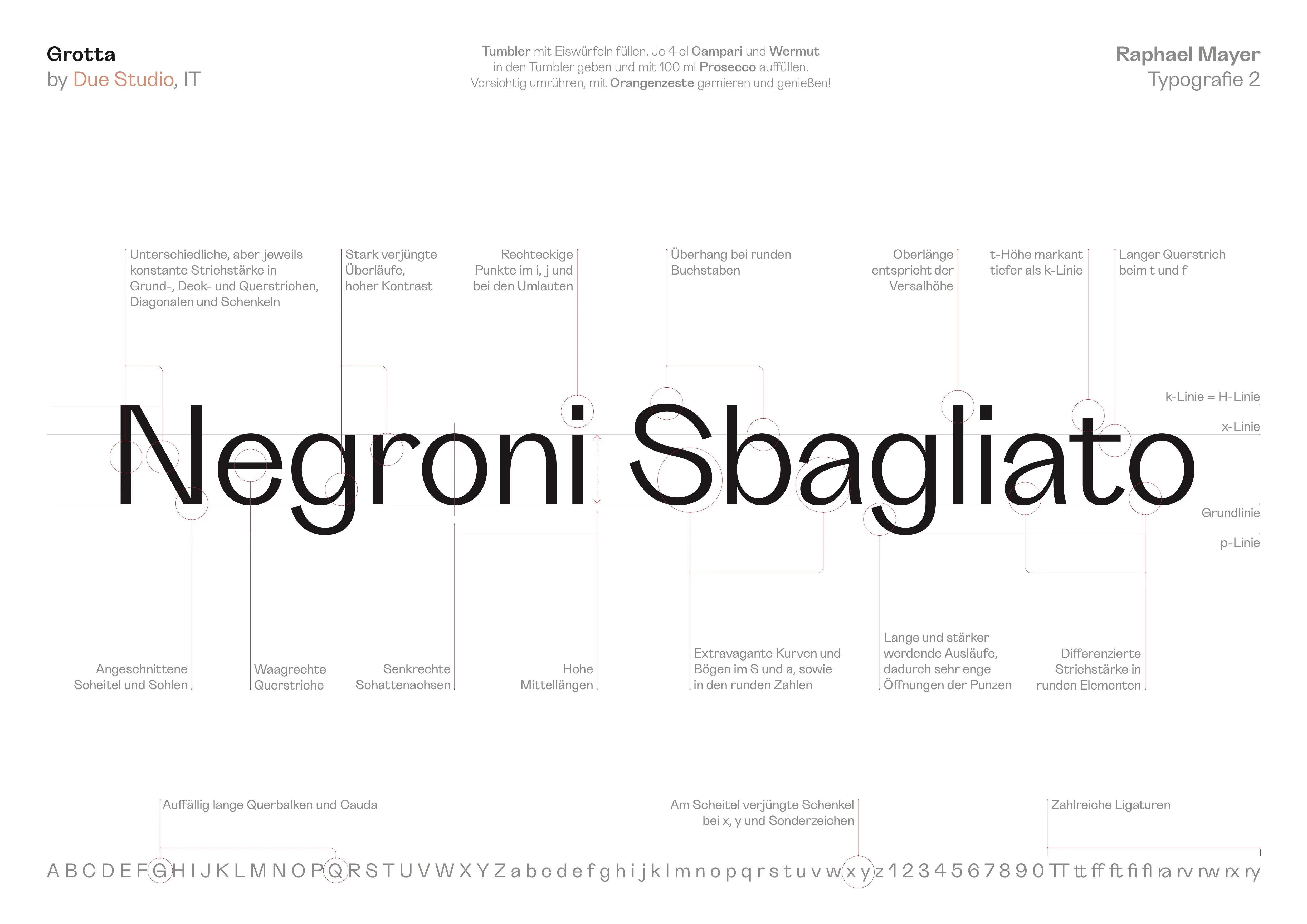 Typografische Analyse der Schrift Grotta mit markierten Konstruktionsmerkmalen, Proportionen und Strichkontrasten