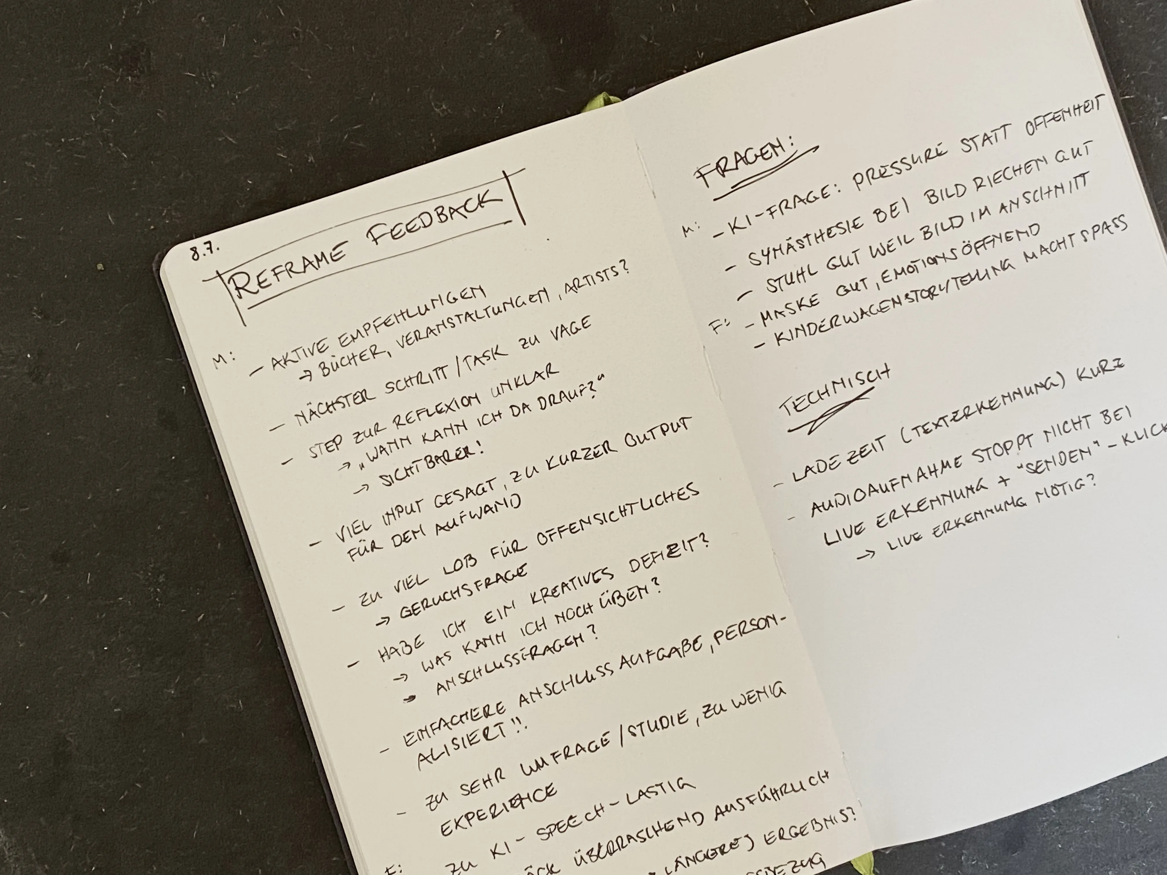 Handschriftliche Feedback-Notizen aus einem User-Test von Reframe, sortiert nach offenen Punkten, Fragen und Technischem