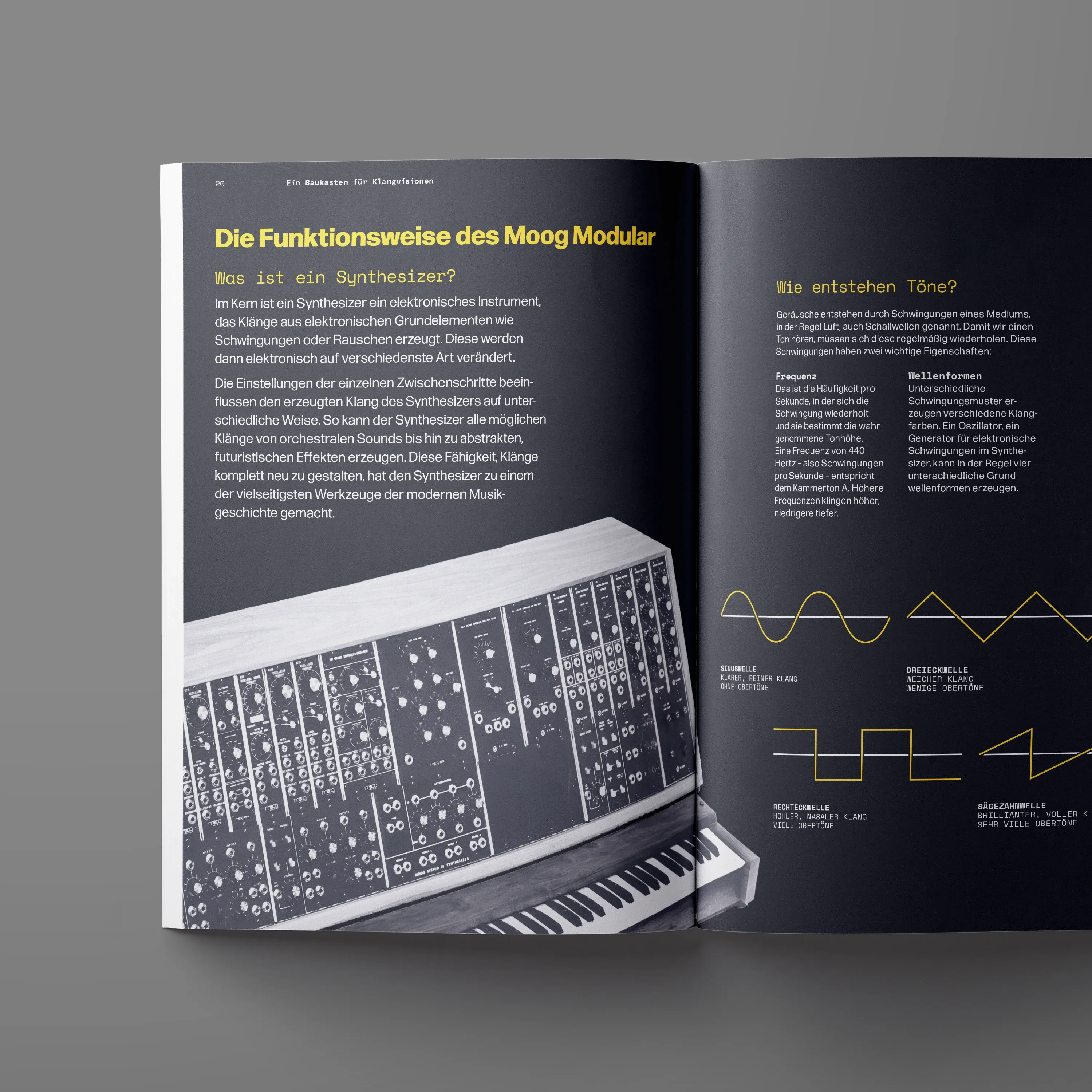 Magazin-Doppelseite mit Erklärung der Funktionsweise eines modularen Synthesizers und grafischen Wellenformen