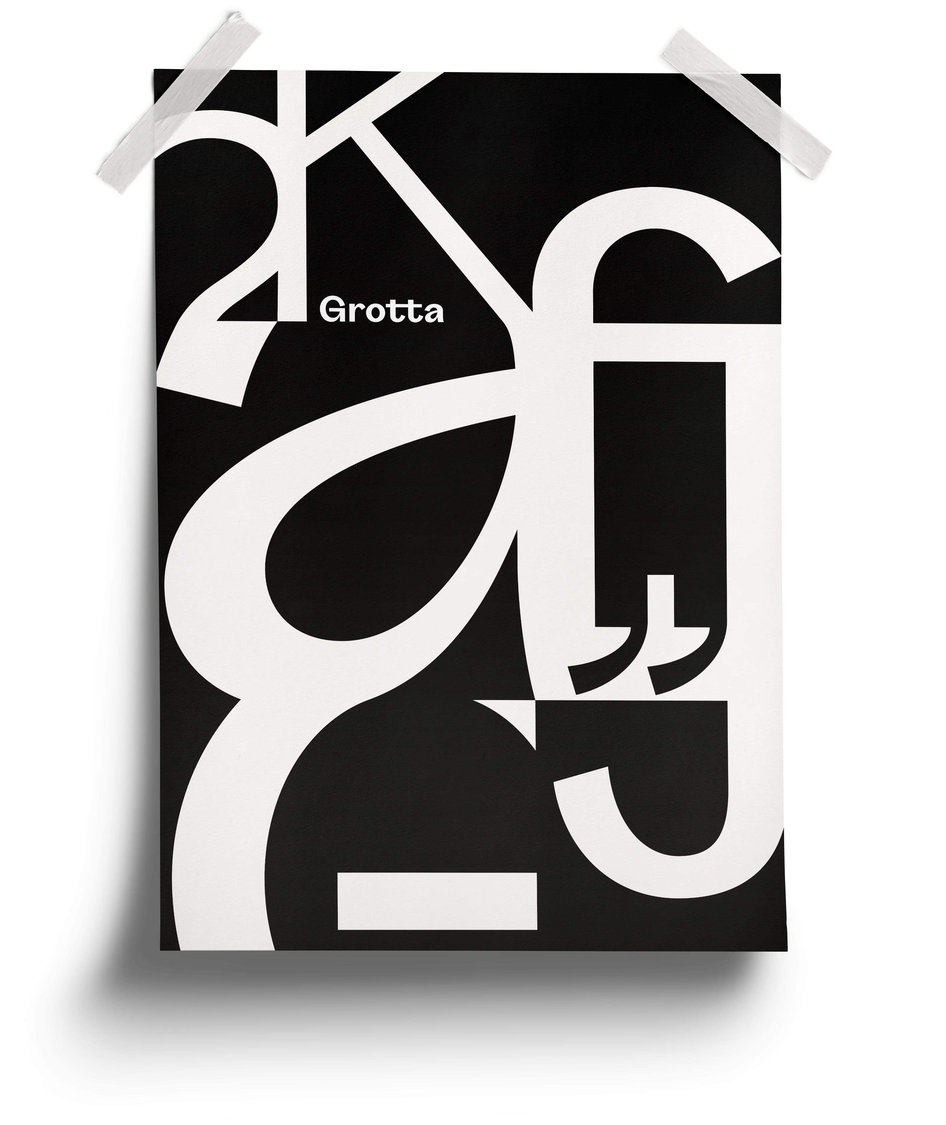 Großformatiges Plakat mit überlagernden Buchstabenformen der Grotta als abstrakte Form-Komposition