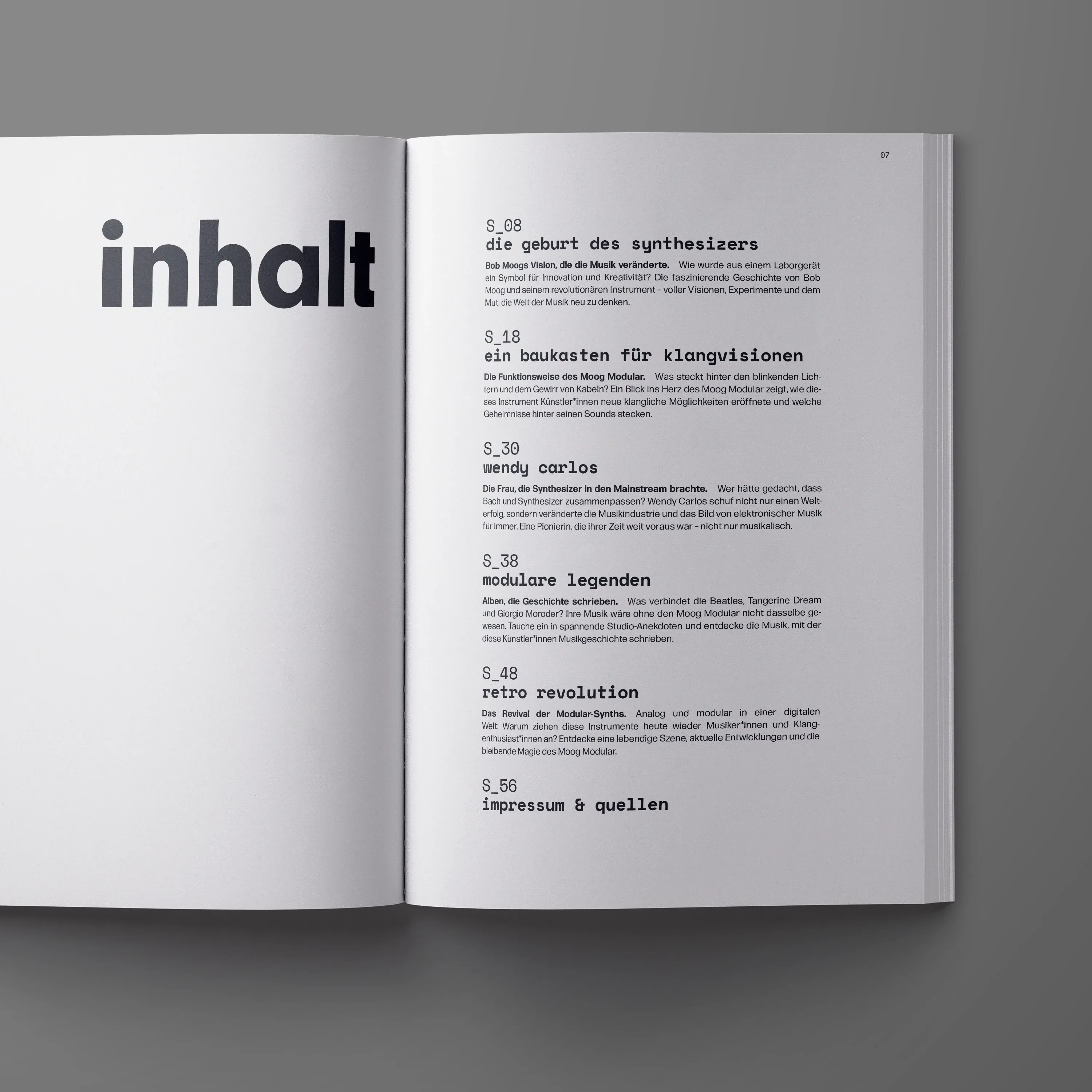 Doppelseite des Magazins mit Inhaltsverzeichnis und groß gesetzter Überschrift „inhalt“