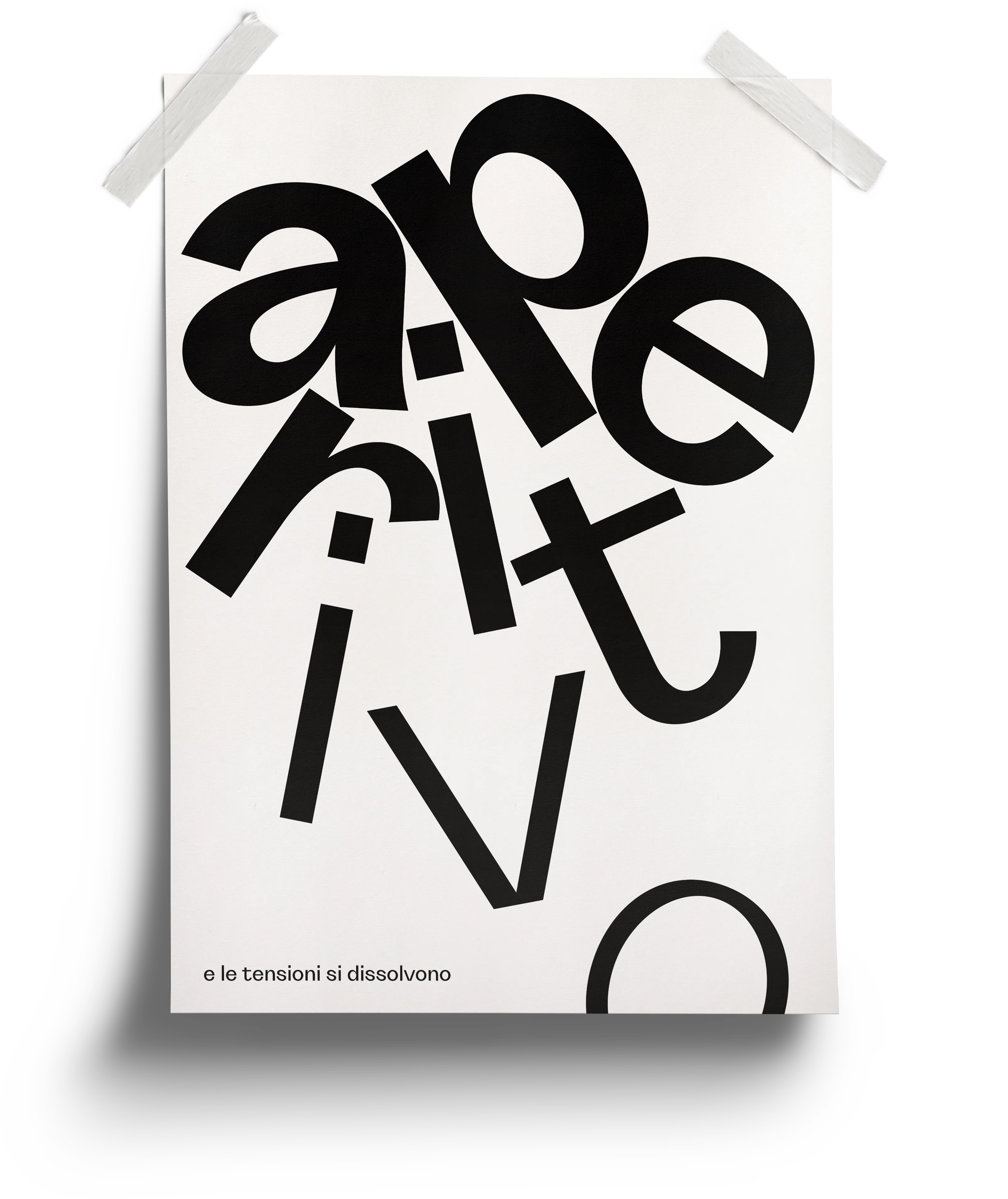 Experimentelles Typografieplakat mit fragmentierter Grotta-Schrift und spielerischer Anordnung von Buchstabenformen „Aperitivo“