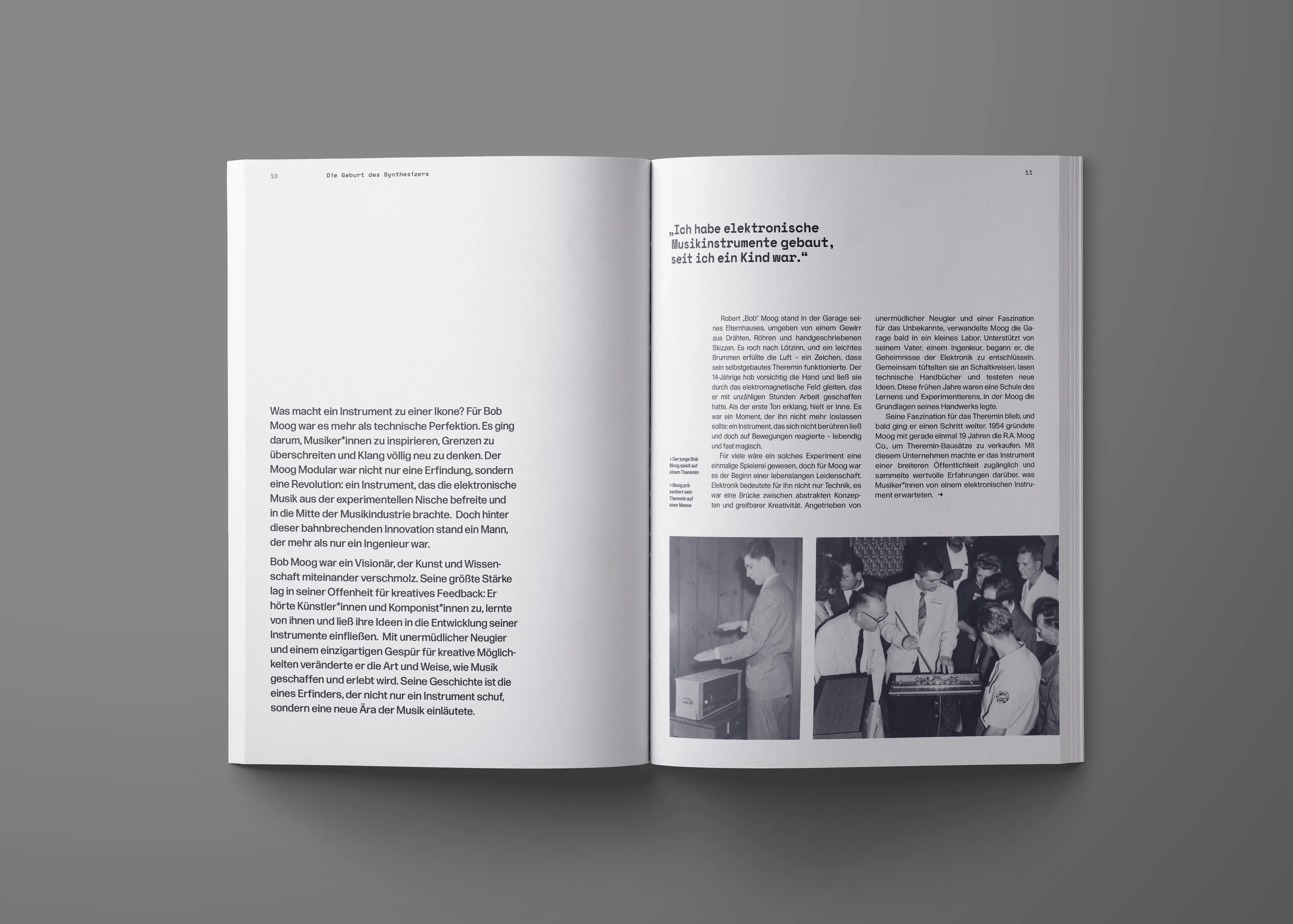 Doppelseite mit Fließtext und historischen Fotografien zur Entwicklung elektronischer Instrumente