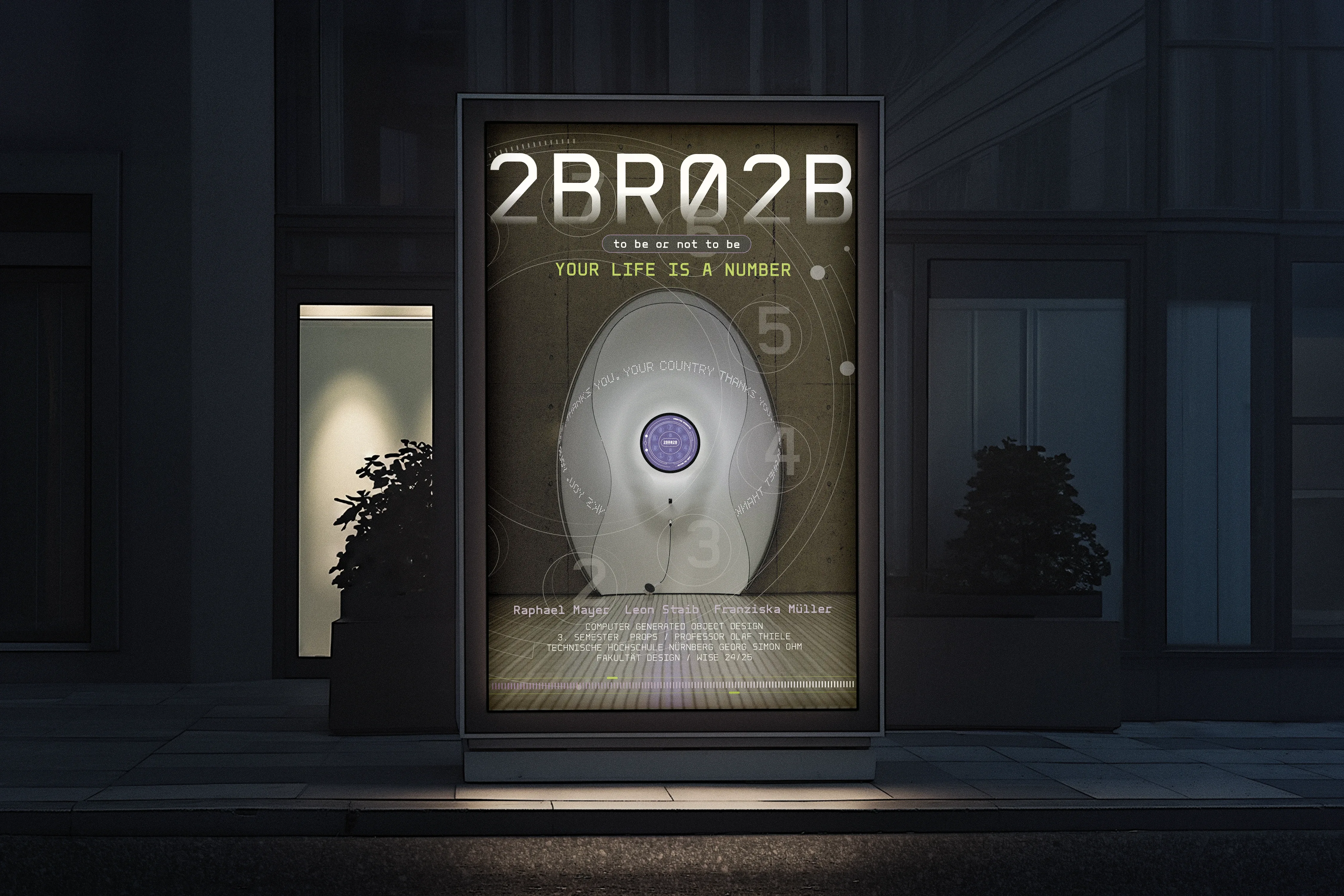 Plakat mit Rendering einer futuristischen Telefonzelle und typografischem Titel „2BR02B“