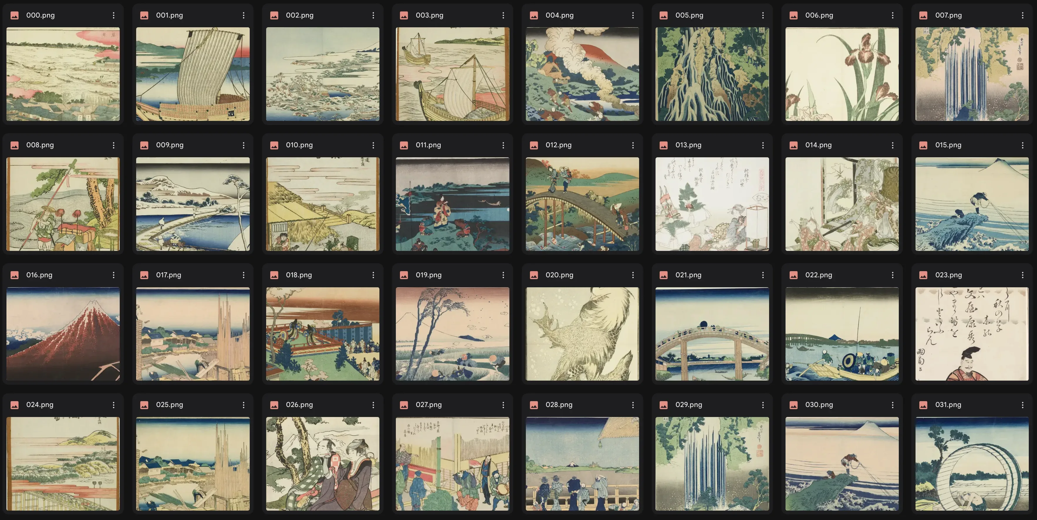 Ein Ausschnitt des Trainingsdatensatzes für den Hokusai-Stil: viele gemeinfreie japanische Holzschnitte als Vorlagen