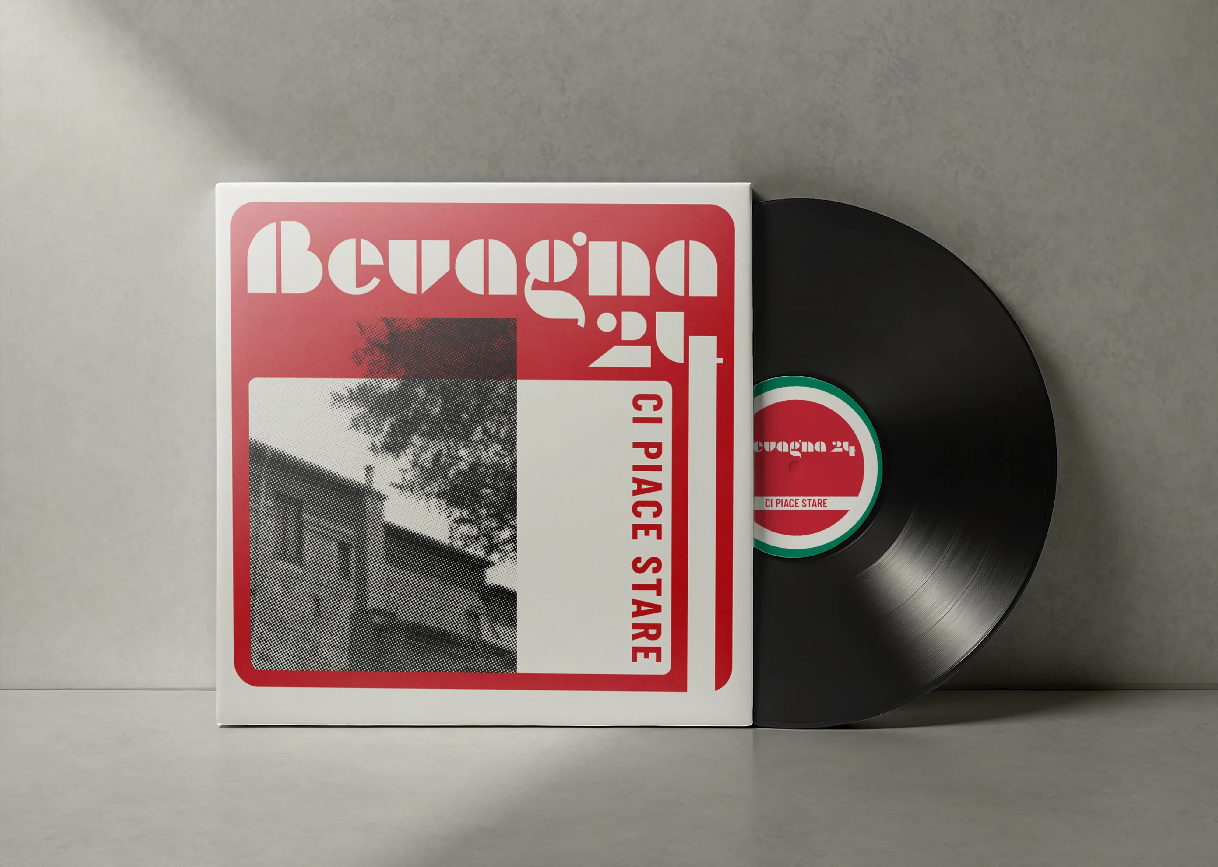 Schallplatte mit gestaltetem Cover „Bevagna 24“ und typografischem Layout