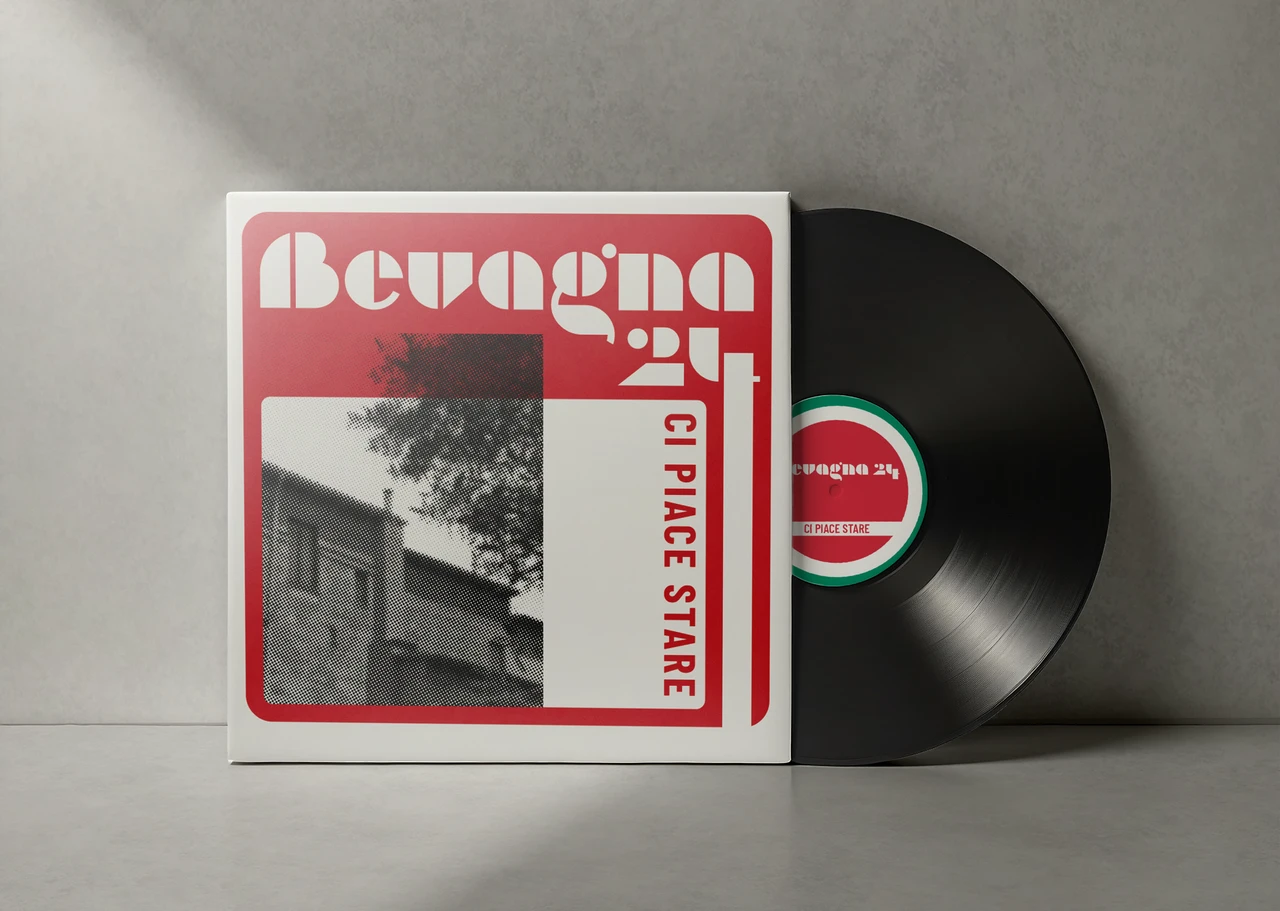 Schallplatte mit gestaltetem Cover „Bevagna 24“ und typografischem Layout