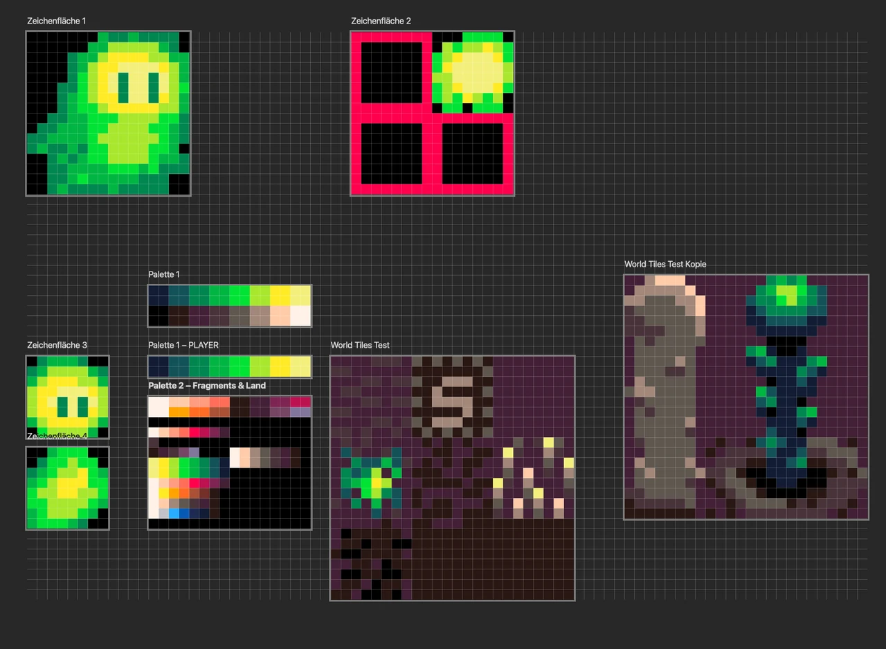 Übersicht von Pixel-Art Assets mit Spielfigur, Farbpaletten und Tile-Designs im Grid
