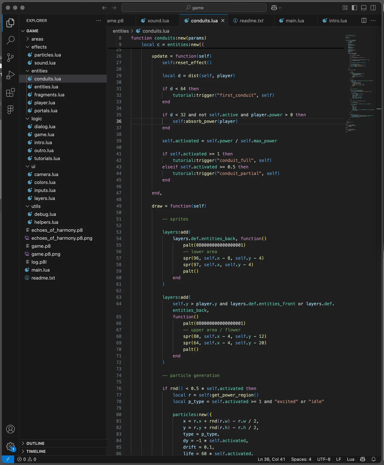 Code-Editor mit Lua-Skript für Spielmechaniken, inklusive Entity-Logik und Partikelsystem