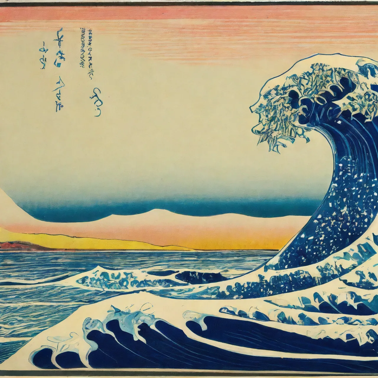 Eine große, sich brechende Welle vor Abendhimmel und ferner Bergkette, generiert im Stil von Katsushika Hokusai