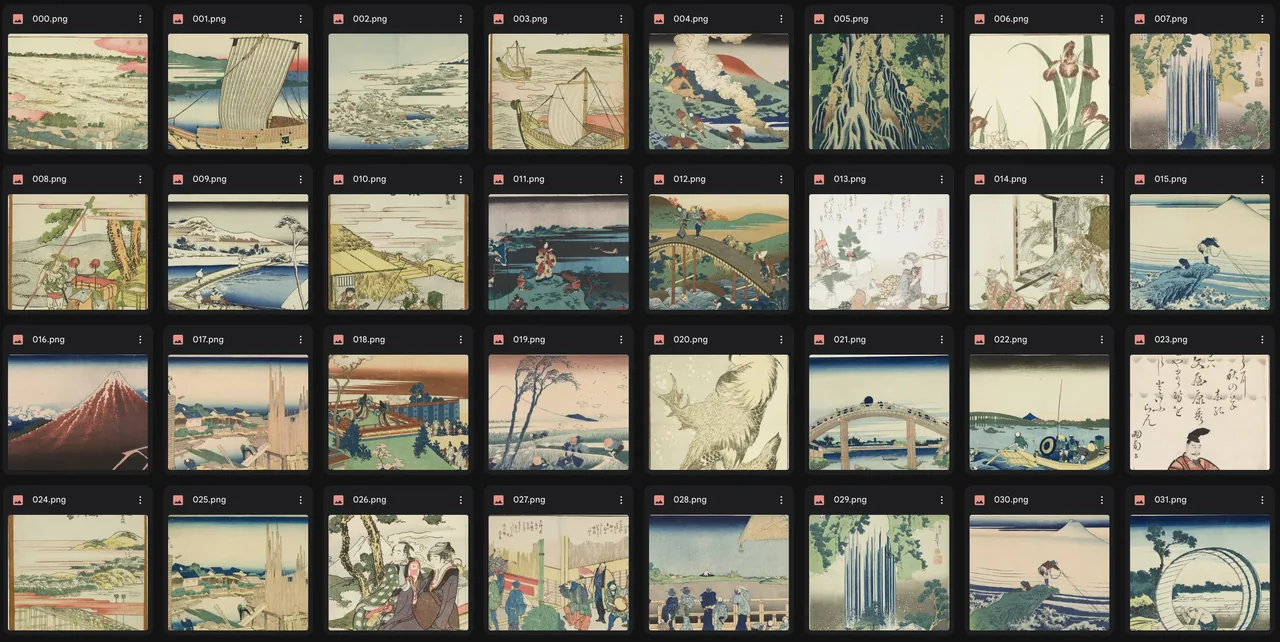 Ein Ausschnitt des Trainingsdatensatzes für den Hokusai-Stil: viele gemeinfreie japanische Holzschnitte als Vorlagen