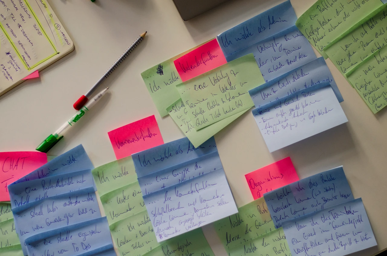 Workshop-Phase mit farbigen Post-its und handschriftlichen Ideen zur Strukturierung von Anforderungen