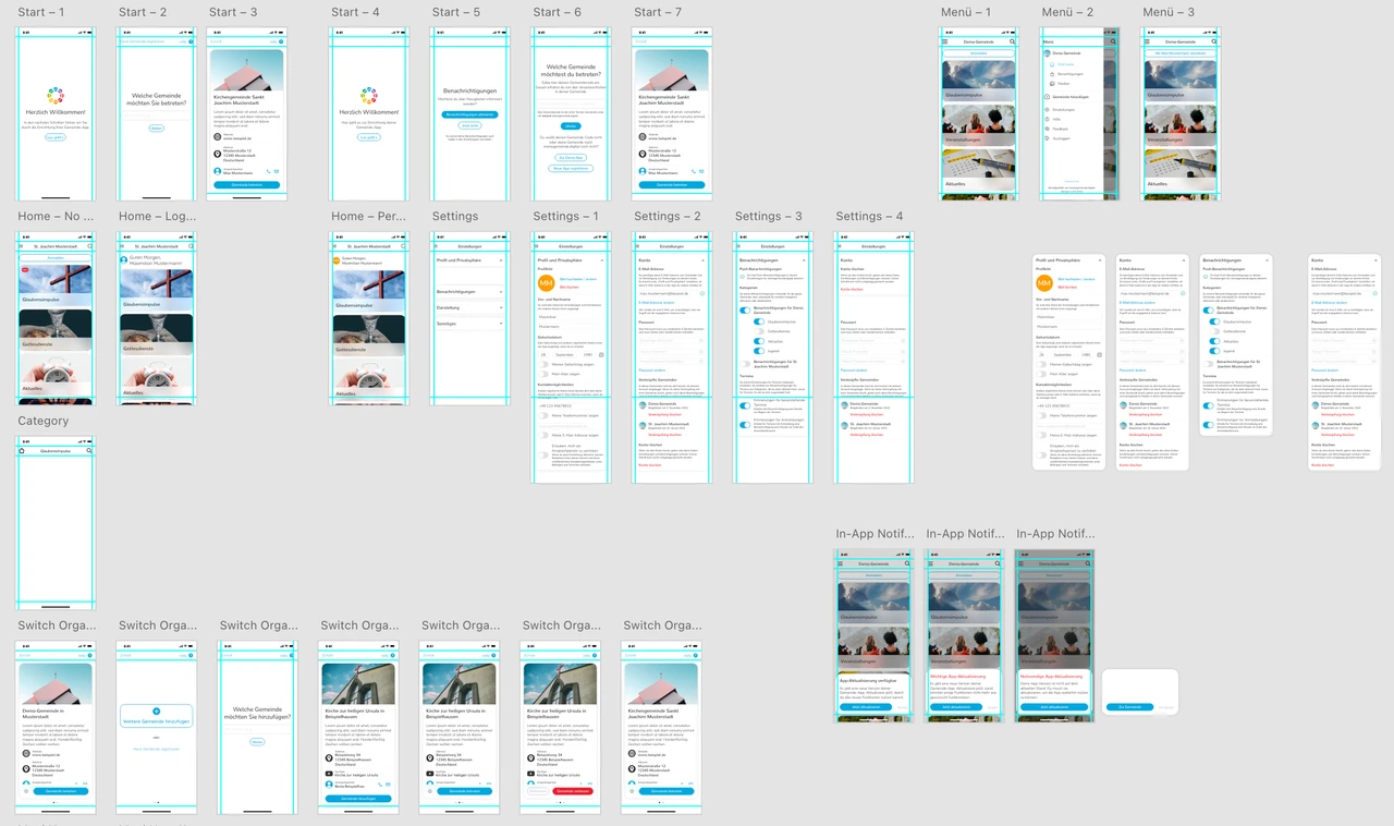 Übersicht von App-Screens und User-Flows in Adobe XD, inklusive Onboarding, Navigation und Einstellungen