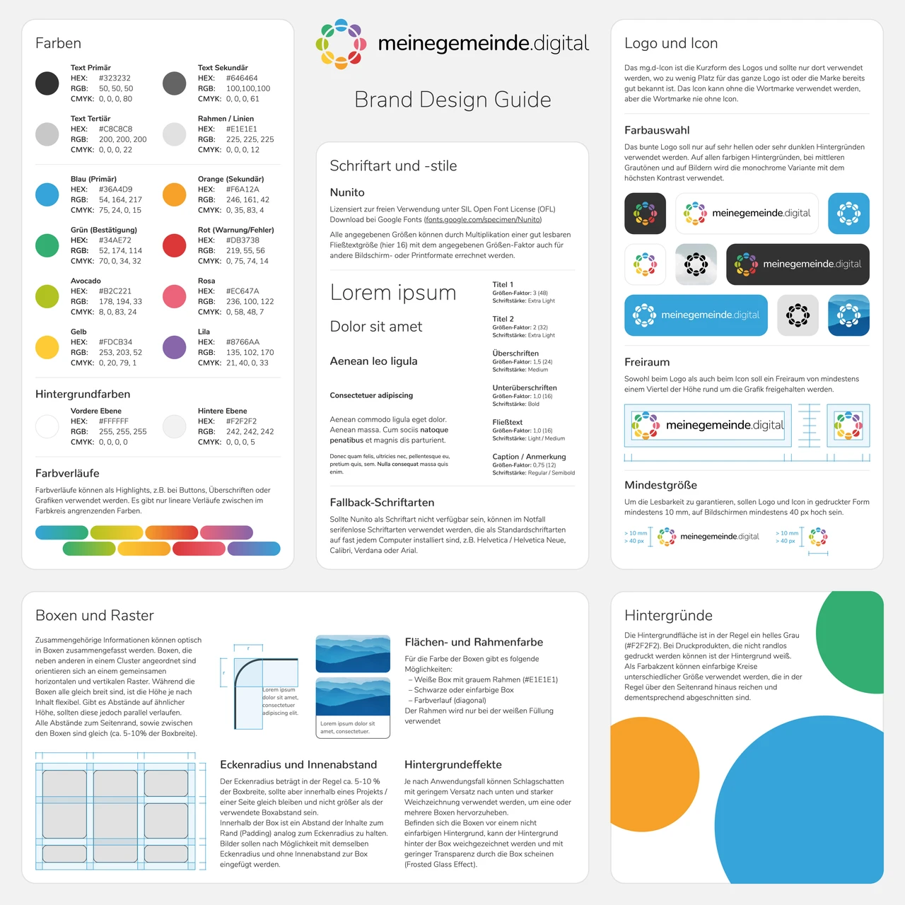 Brand Design Guide mit Farbpalette, Typografie, Logoanwendung und Layoutsystem