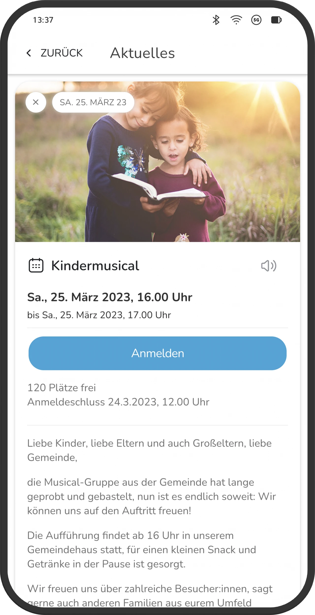 Detailansicht eines Events mit Datum, Beschreibung und Anmeldefunktion
