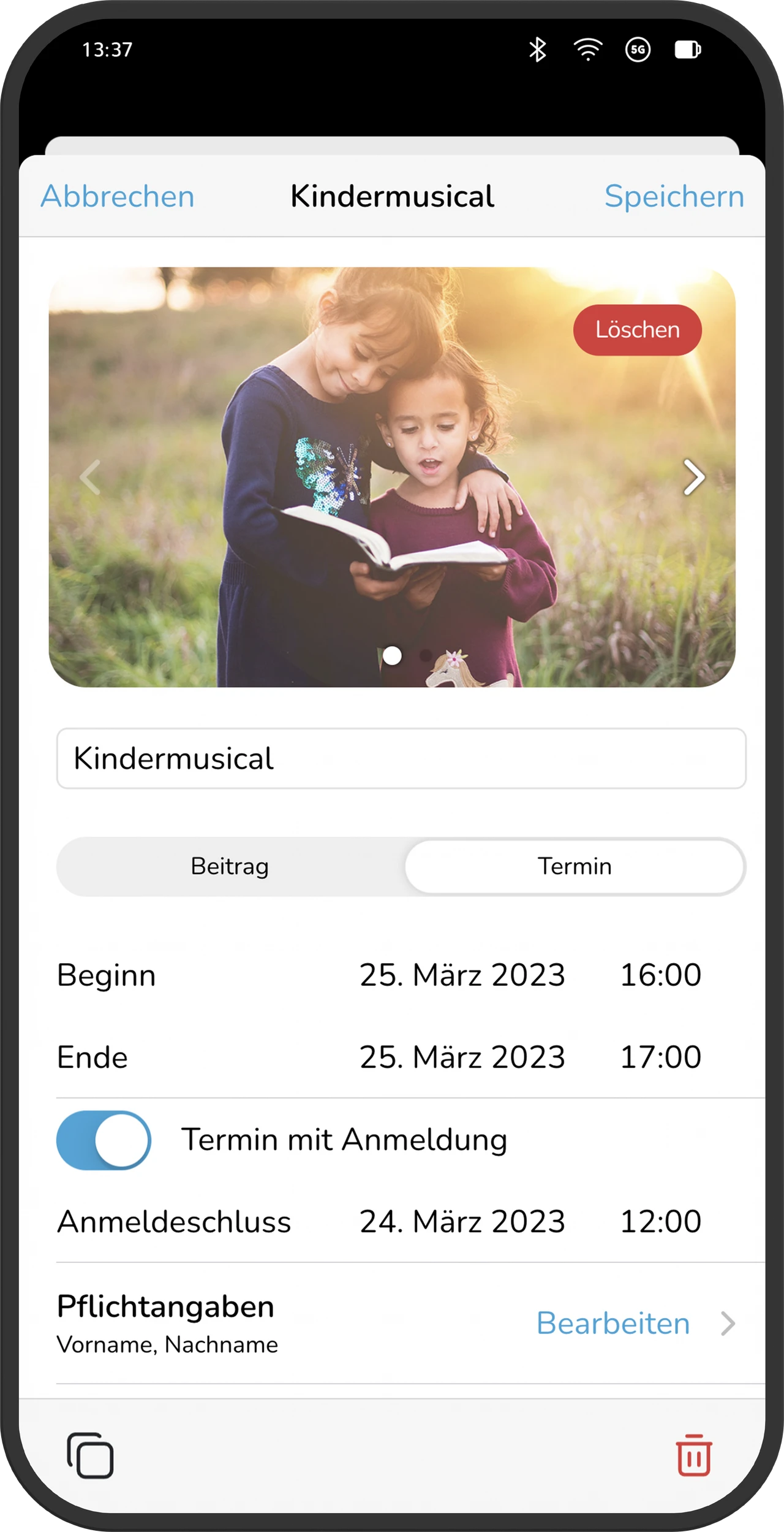 Bearbeitungsansicht eines Events mit Formularfeldern, Terminoptionen und Einstellungen