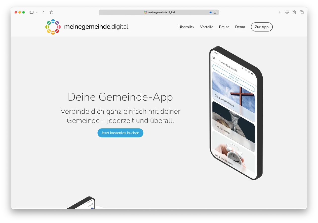 Landingpage der Plattform mit Produktversprechen und App-Vorschau auf Smartphone