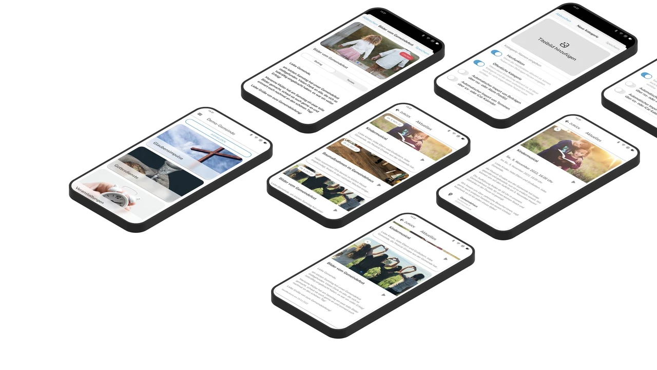 Isometrische Darstellung mehrerer App-Screens mit Fokus auf Inhalte und Interaktionen