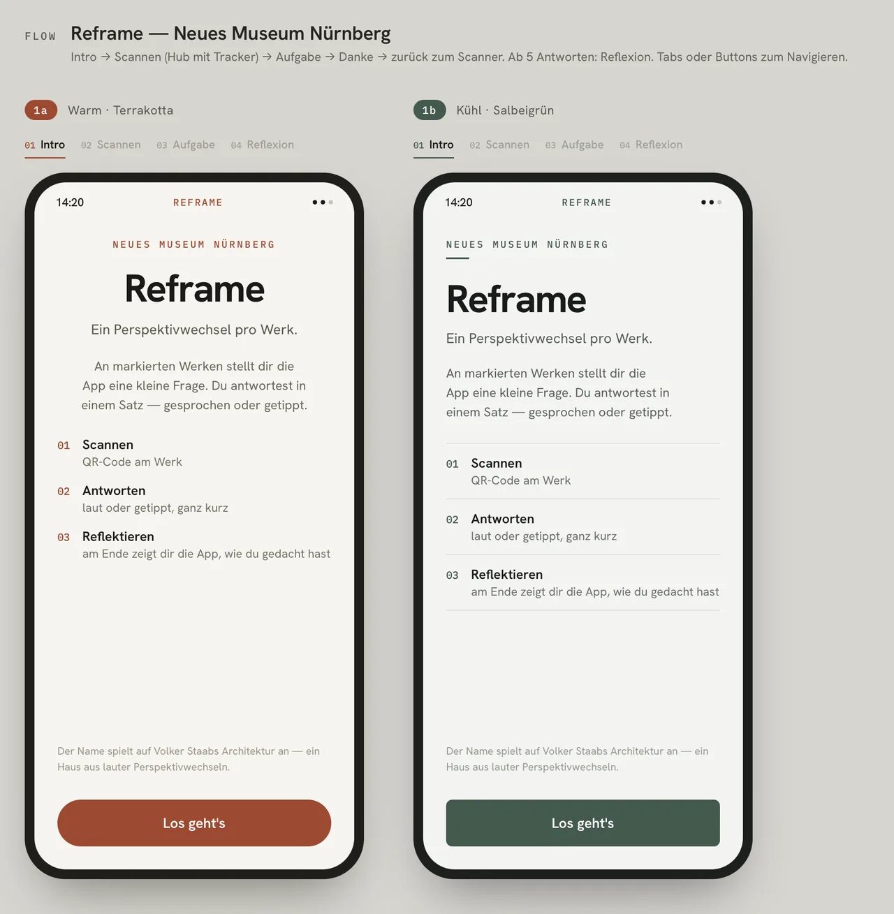 App-Flow-Prototyp des Intro-Screens in zwei Farbvarianten, Warm-Terrakotta und Kühl-Salbeigrün, mit den Schritten Scannen, Antworten, Reflektieren