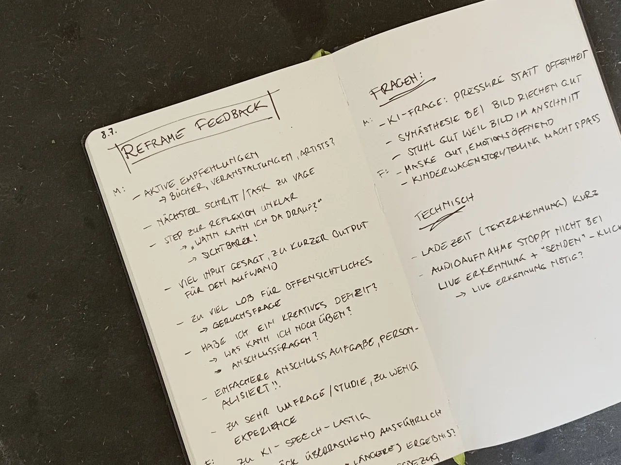 Handschriftliche Feedback-Notizen aus einem User-Test von Reframe, sortiert nach offenen Punkten, Fragen und Technischem