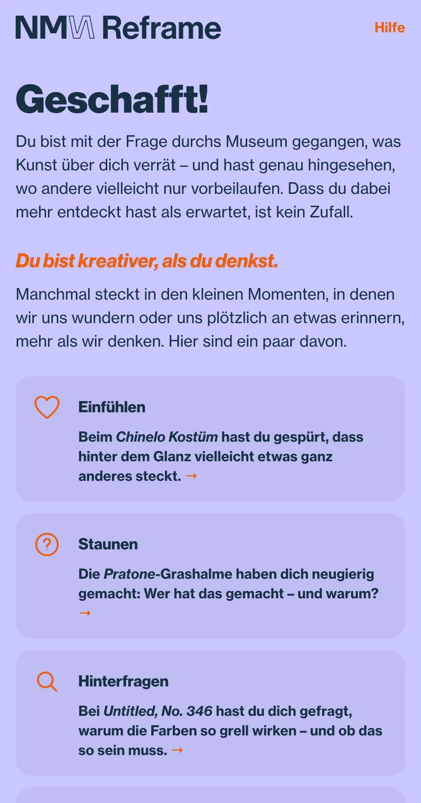 Persönliche Reflexion am Ende des Rundgangs mit antippbaren, erkannten kreativen Verhaltensweisen