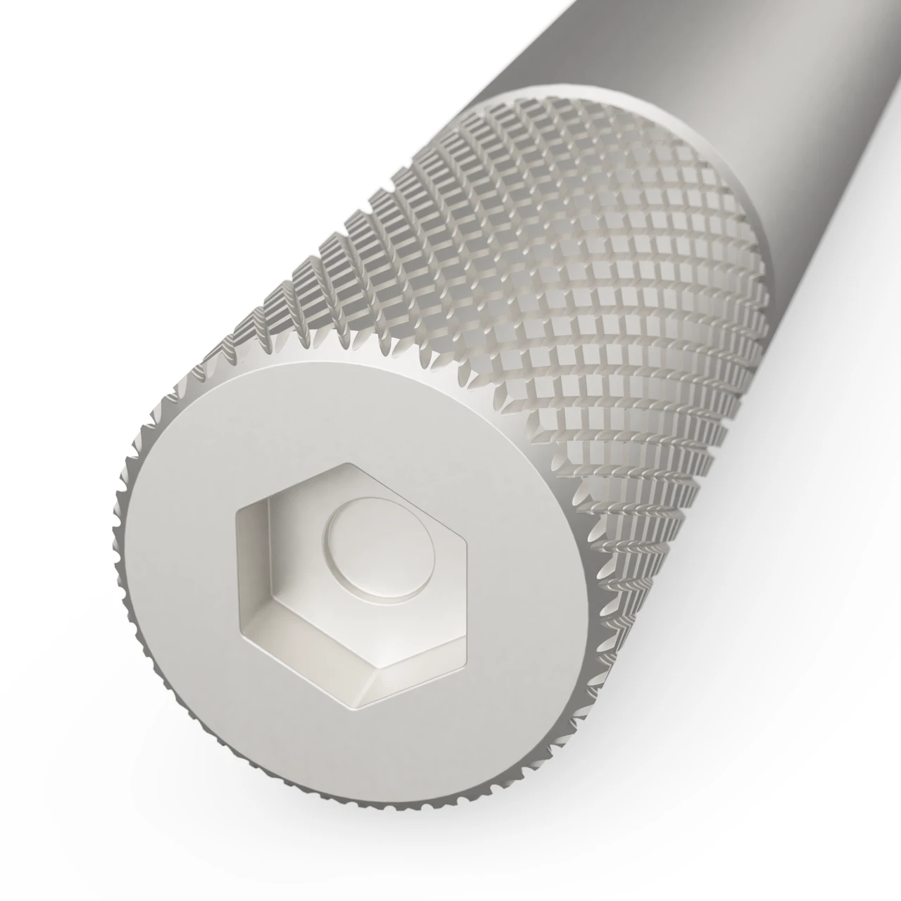 Detailansicht des gerändelten Metallgriffs eines Skalpells mit hexagonaler Aufnahme
