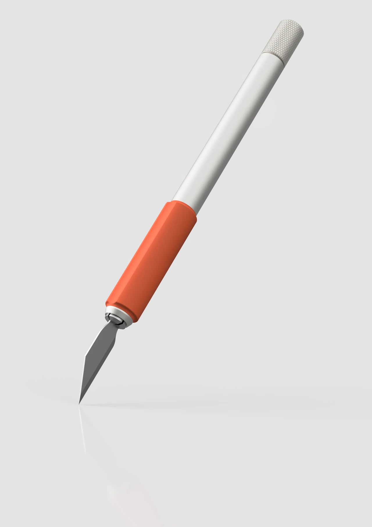 3D-Rendering des Skalpells mit orangem Griff und präziser Klinge in schräger Ansicht