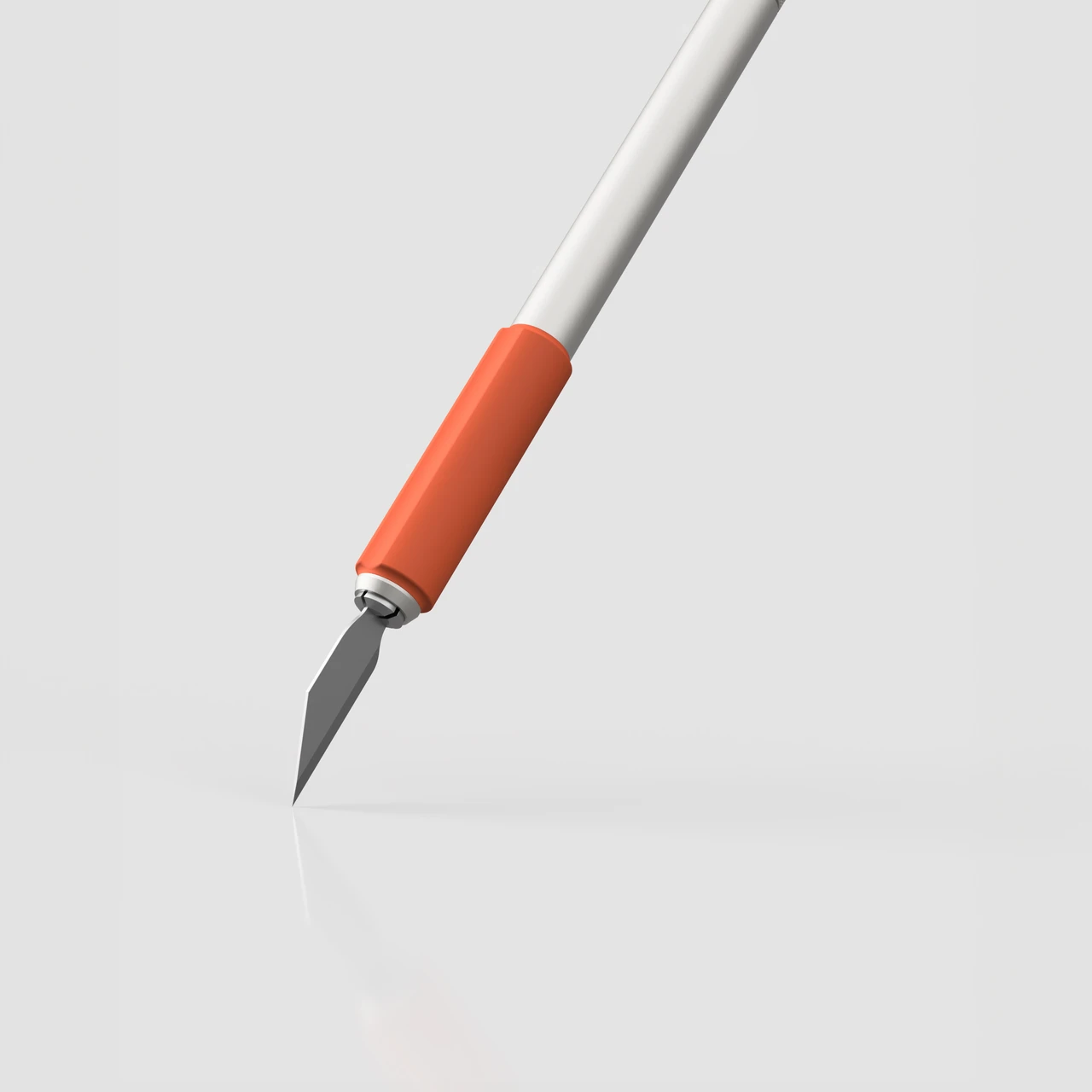 3D-Rendering des Skalpells mit orangem Griff und präziser Klinge in schräger Ansicht