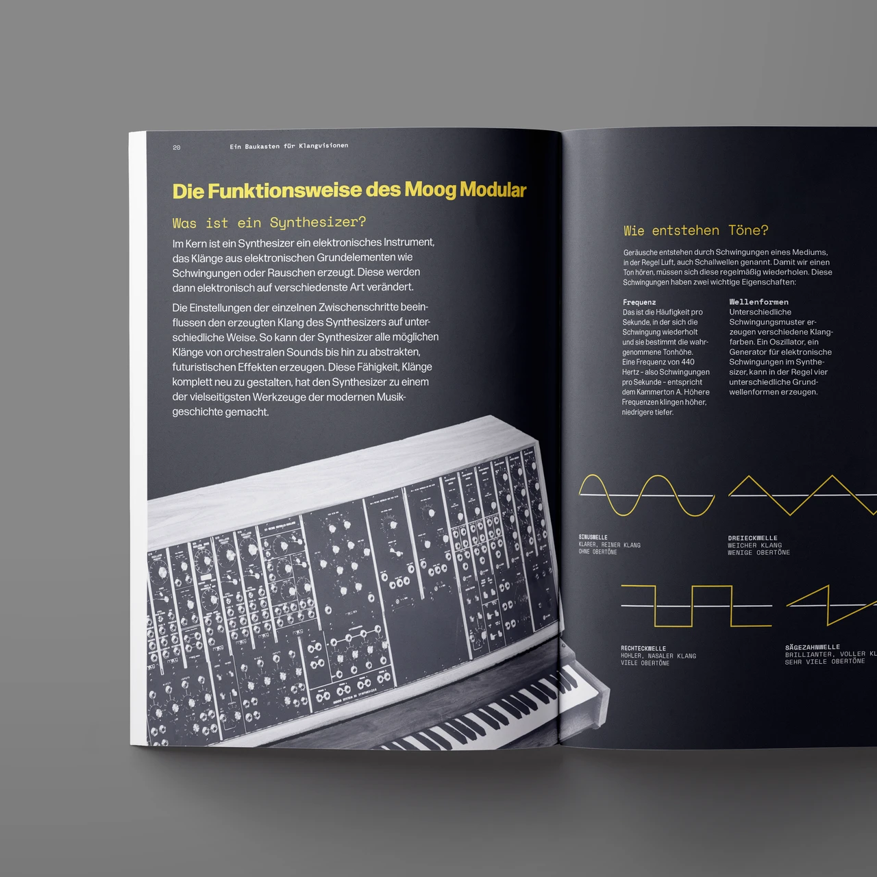 Magazin-Doppelseite mit Erklärung der Funktionsweise eines modularen Synthesizers und grafischen Wellenformen