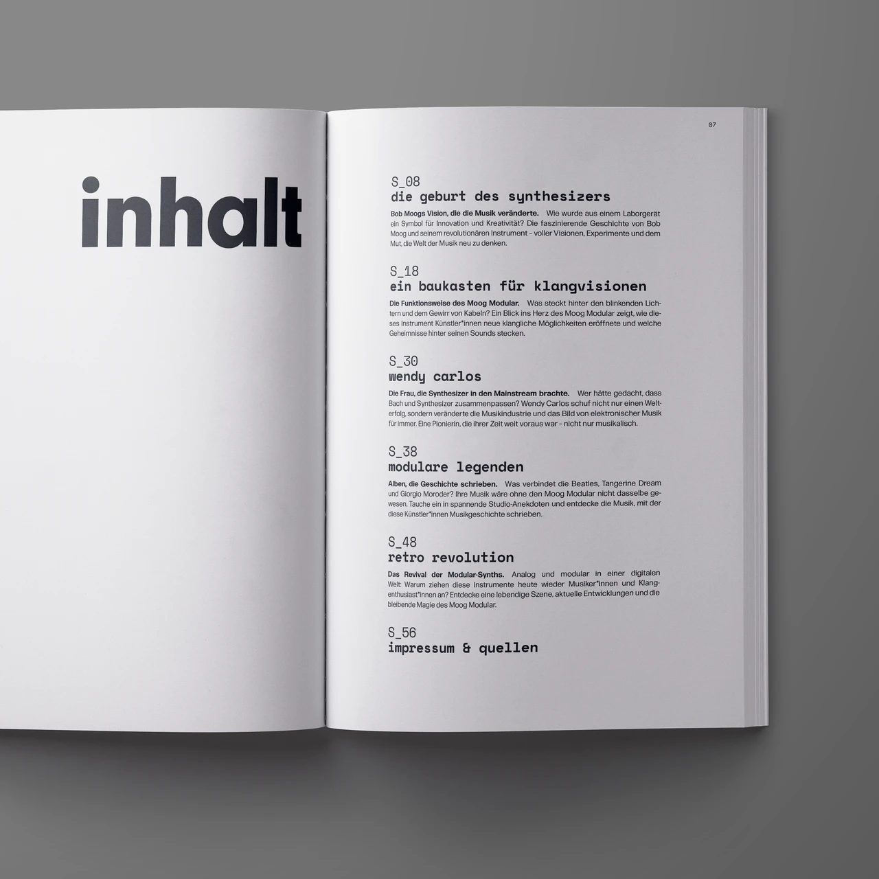Doppelseite des Magazins mit Inhaltsverzeichnis und groß gesetzter Überschrift „inhalt“