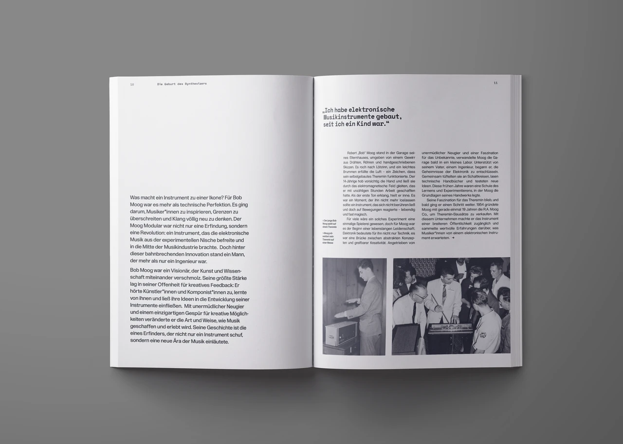 Doppelseite mit Fließtext und historischen Fotografien zur Entwicklung elektronischer Instrumente