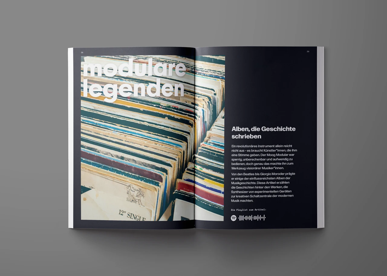 Magazin-Doppelseite mit Fotografie einer Plattensammlung und großer typografischer Überschrift