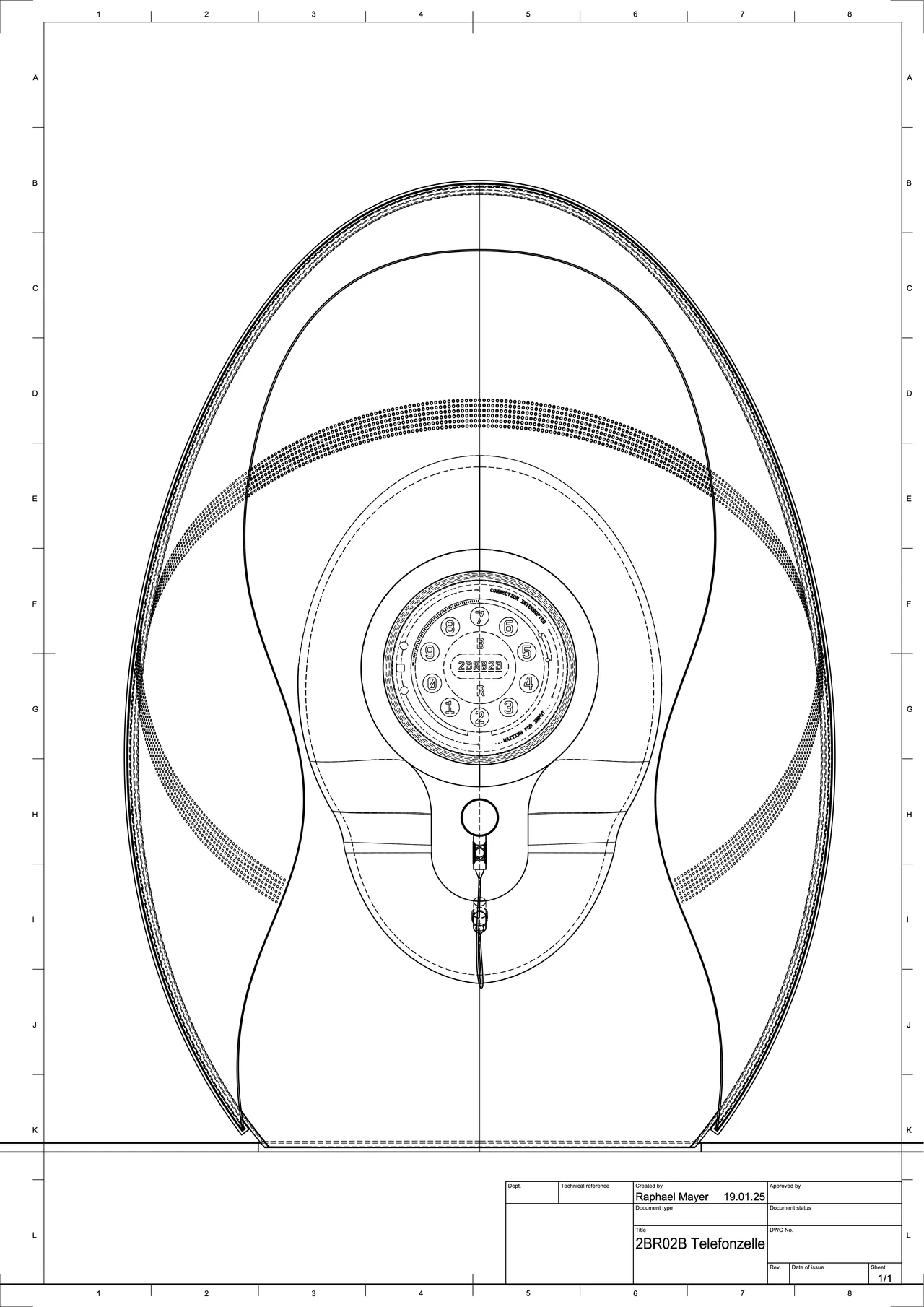 Technische Frontansicht einer futuristischen Telefonzelle mit zentralem Interface und symmetrischem Gehäuse