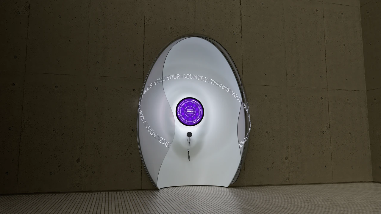 3D-Rendering einer futuristischen Telefonzelle mit ovalem Gehäuse und zentralem Interface vor Betonwand