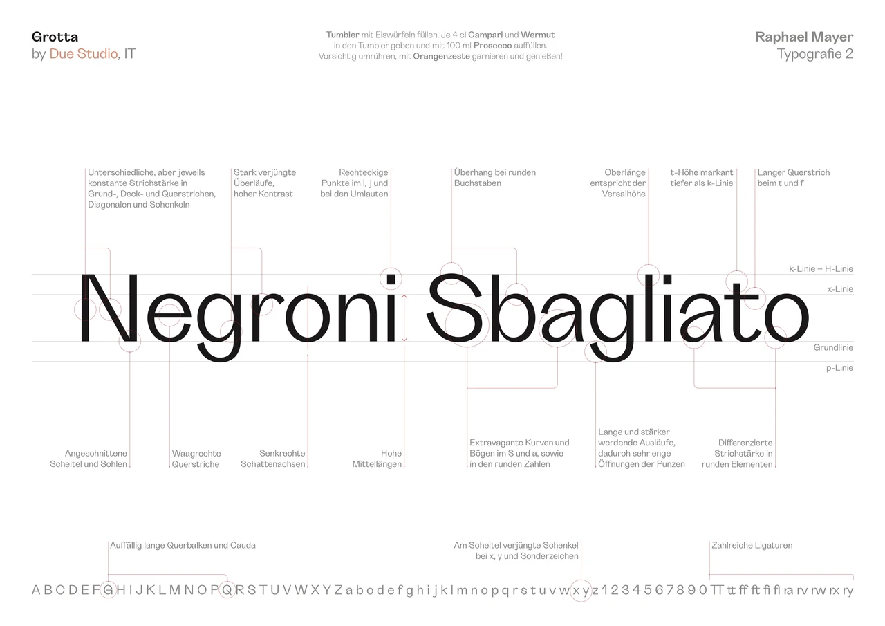 Typografische Analyse der Schrift Grotta mit markierten Konstruktionsmerkmalen, Proportionen und Strichkontrasten