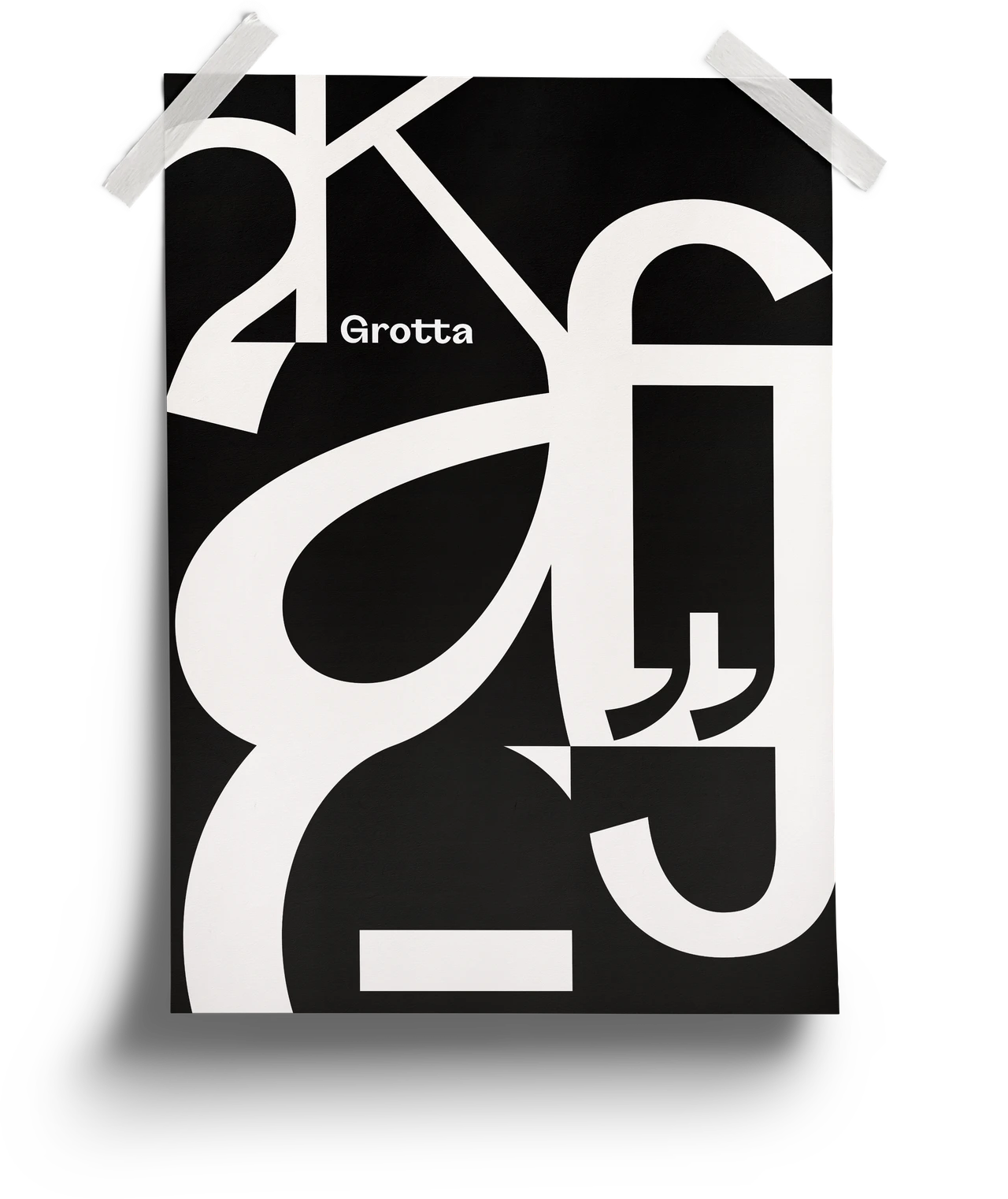 Großformatiges Plakat mit überlagernden Buchstabenformen der Grotta als abstrakte Form-Komposition