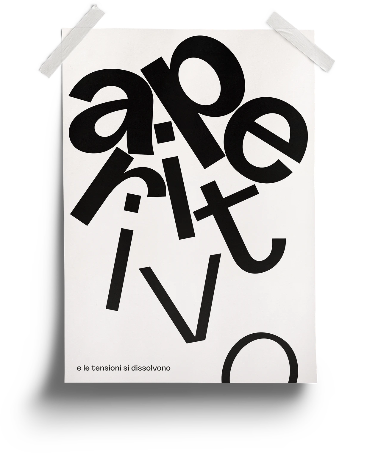 Experimentelles Typografieplakat mit fragmentierter Grotta-Schrift und spielerischer Anordnung von Buchstabenformen „Aperitivo“