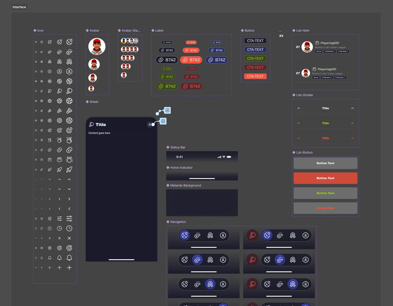 Komponentenbasiertes Designsystem mit Icons, States, Buttons und Navigation zur konsistenten Gestaltung der App