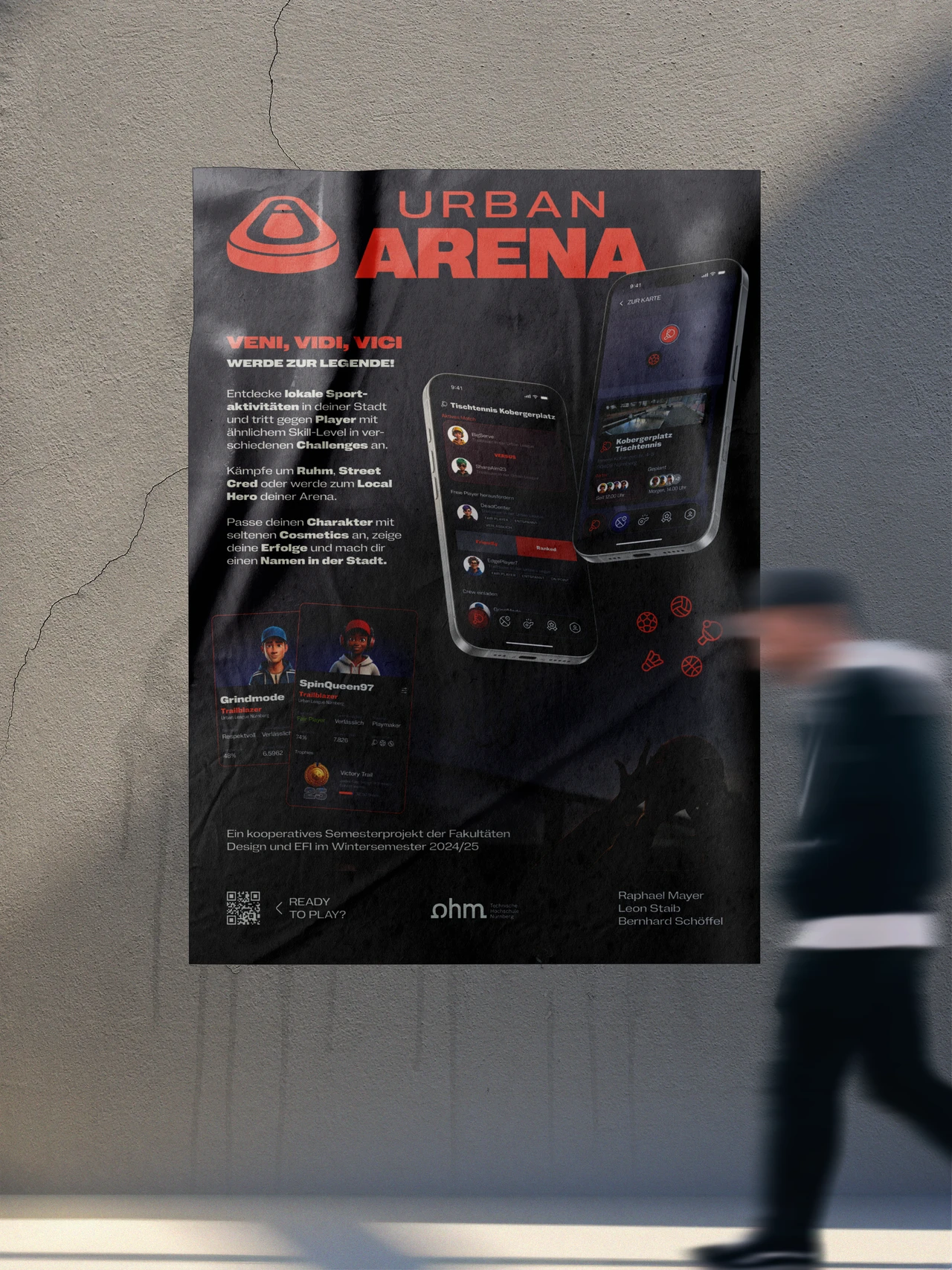 Kampagnenplakat der Urban-Arena-App mit Fokus auf Gamification, lokaler Vernetzung und sportlicher Aktivität im urbanen Raum