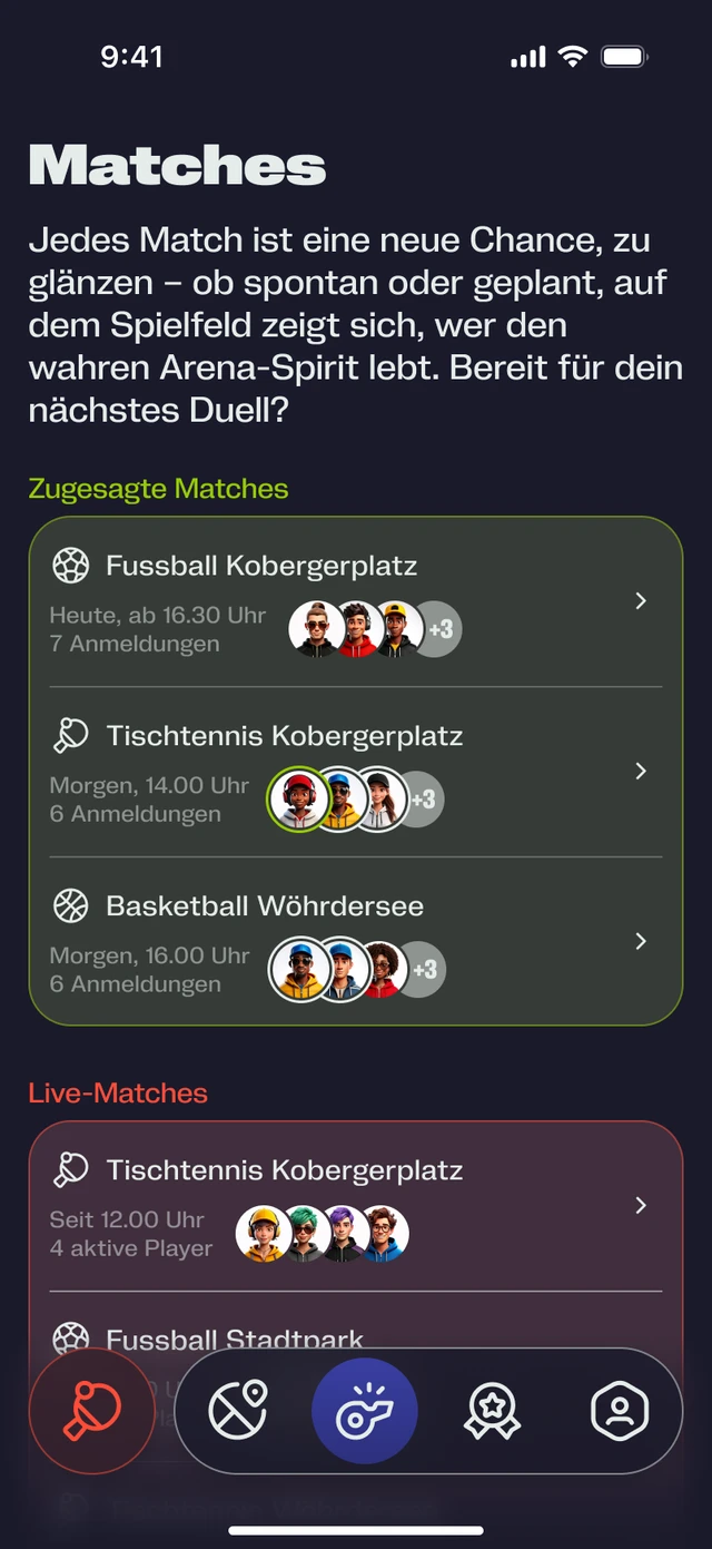 Übersicht aktiver und geplanter Matches mit klarer Hierarchie zur schnellen Entscheidungsfindung und Teilnahme