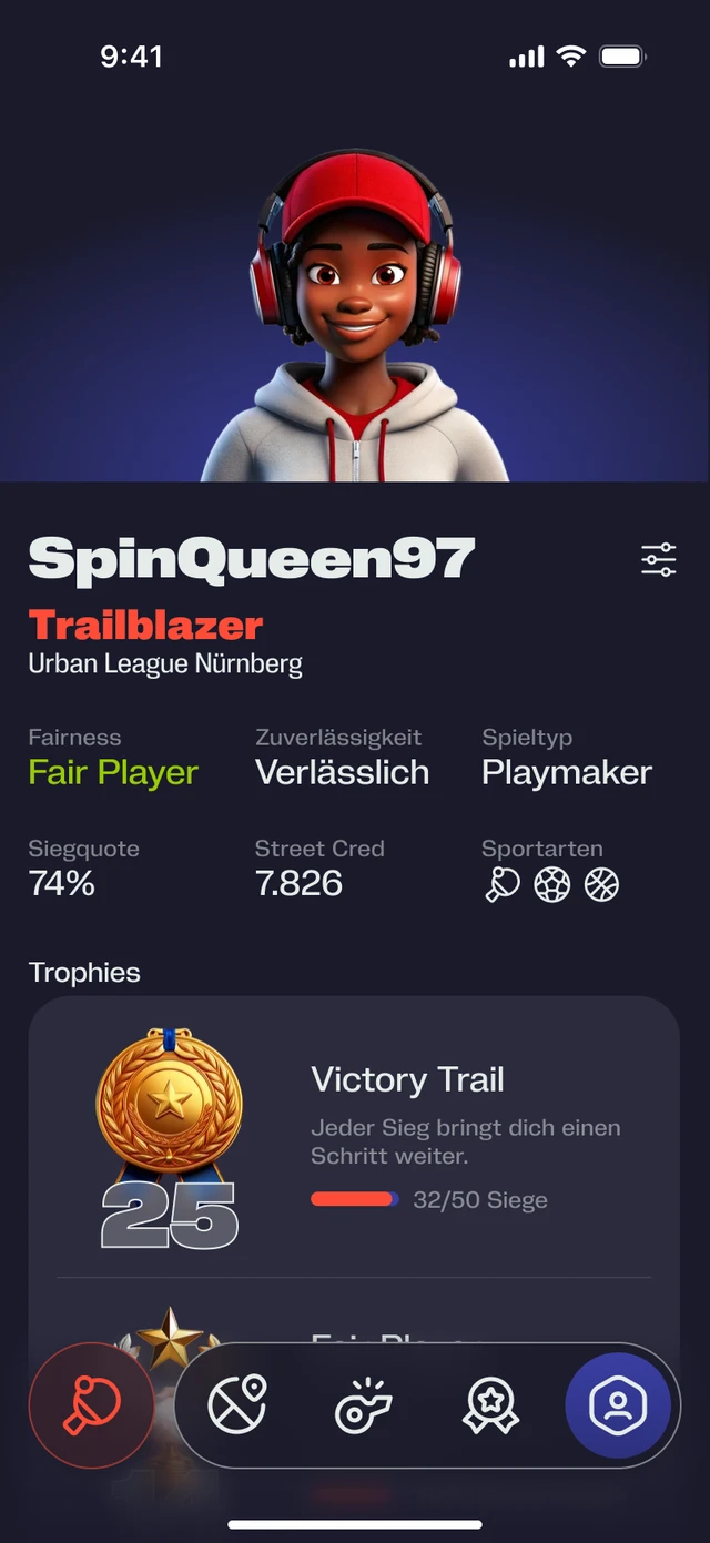 Spielerprofil mit Avatar, Leistungskennzahlen und Gamification-Elementen zur individuellen Darstellung und Motivation