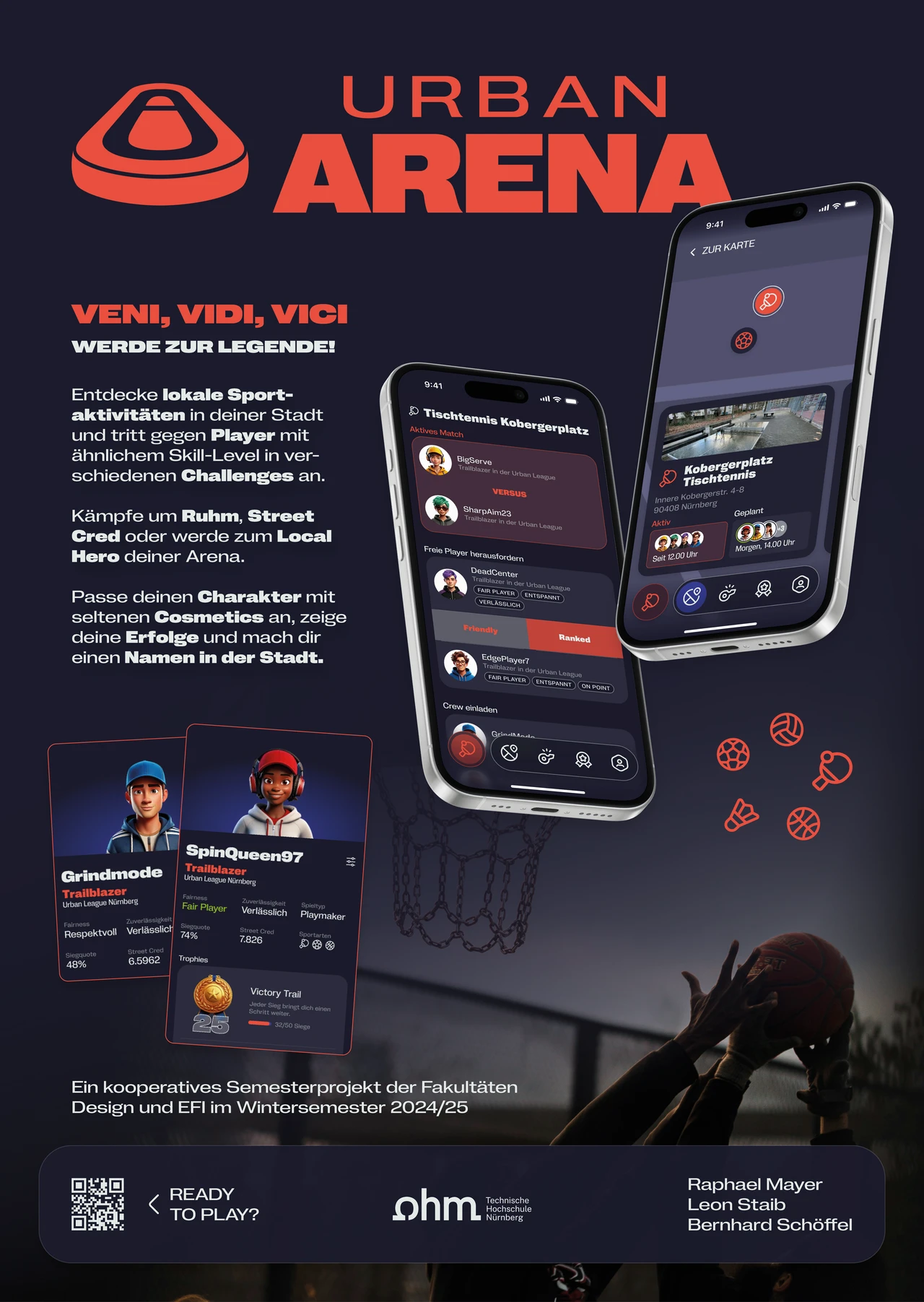 Kampagnenplakat der Urban-Arena-App mit Fokus auf Gamification, lokaler Vernetzung und sportlicher Aktivität im urbanen Raum